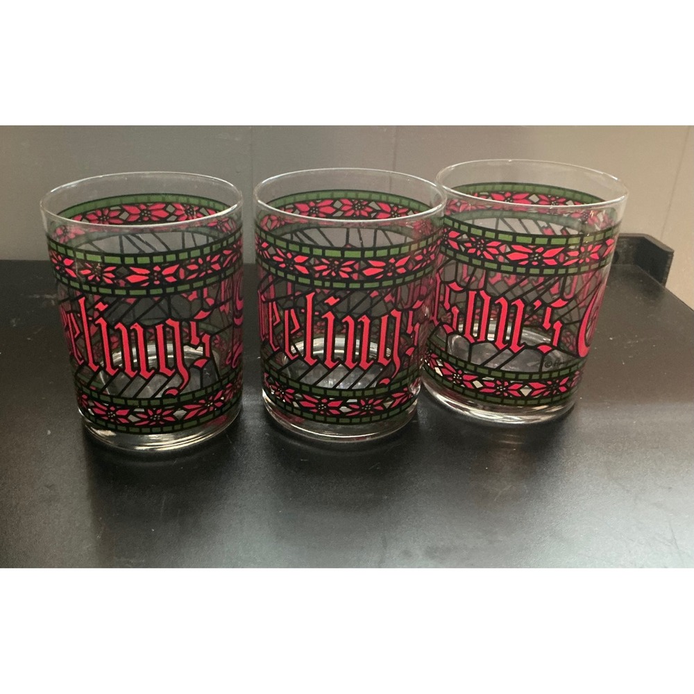 Vintage Seasons Greetings Stained Glass Christmas Rocks Glasses Set of